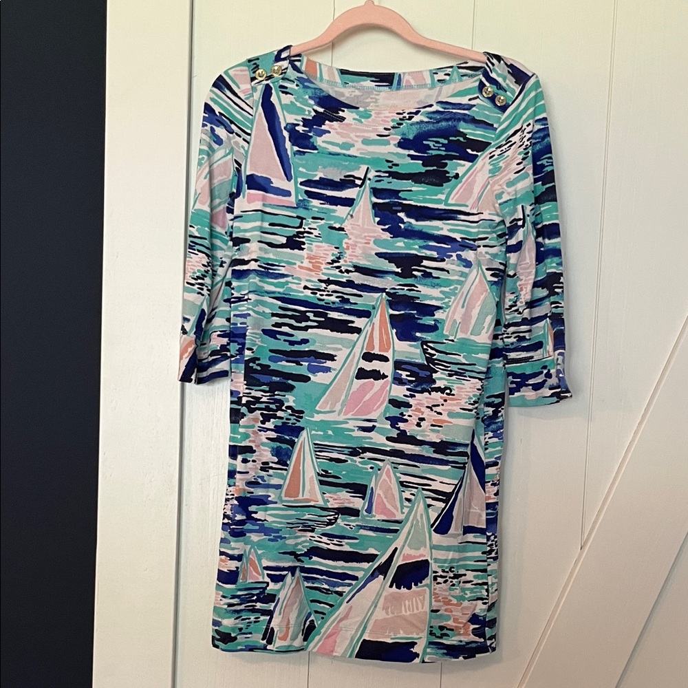 Lilly Pulitzer Kids Multicolor Aqua Navy Pink Sail Shift Dress Sz M (6-7)⛵️💙